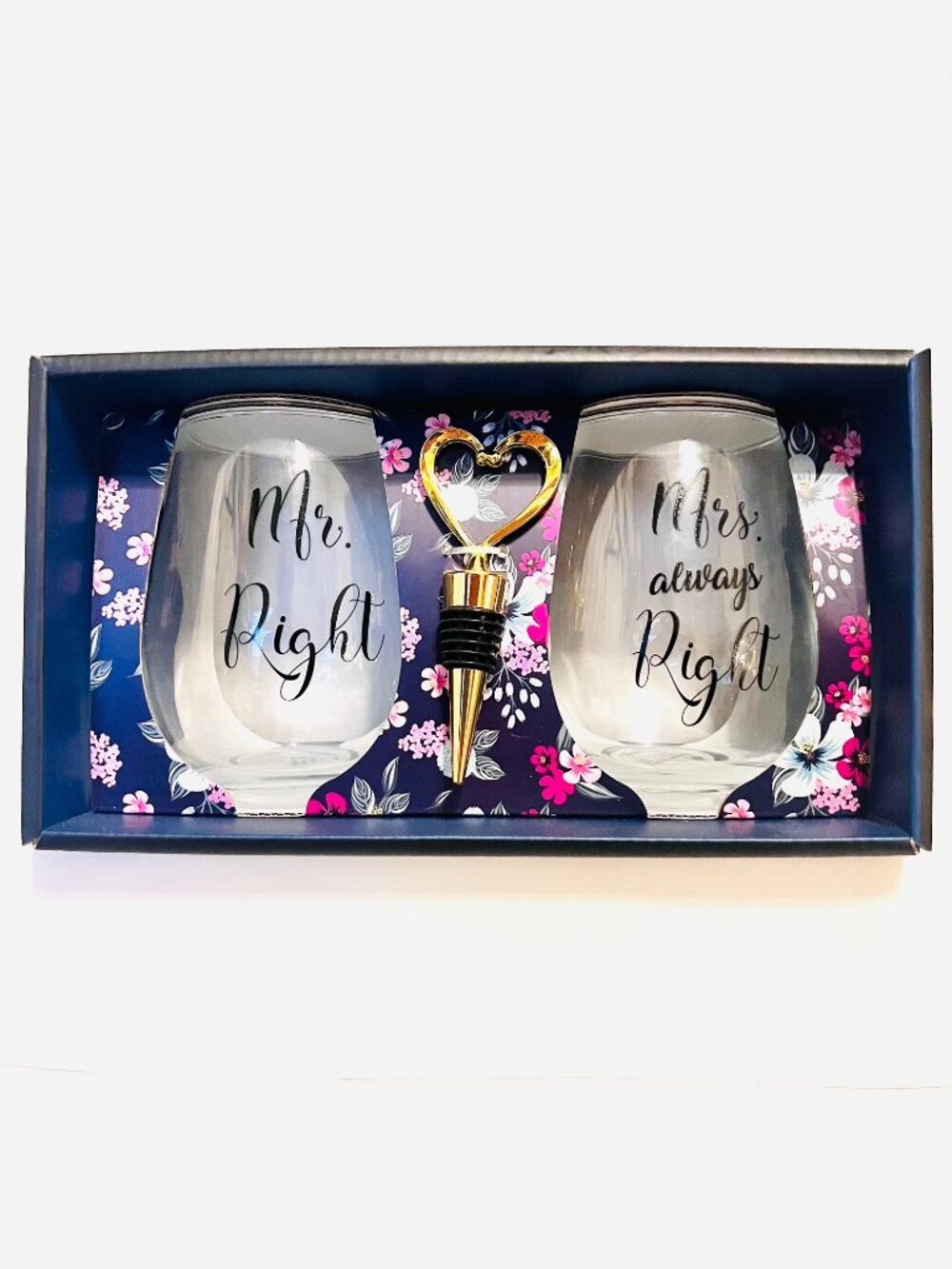 Set Of Two NWT 22 Oz. Wine Glasses & Bottle Stopper-Mr. Right/Mrs. Always Right